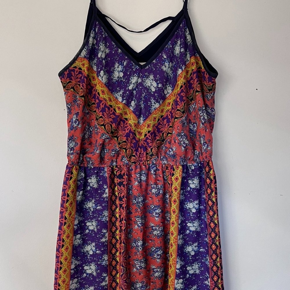 Love Fire Patchwork Dress Multi Pattern Elastic Waist Adjustable Straps Size L